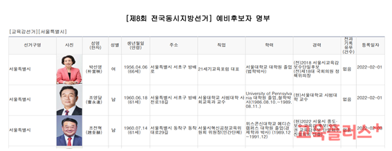 박선영 예비후보의 경력은 '2018 보수단일후보'로 표기되어 있다.(사진=중앙선관위 홈페이지 캡처)