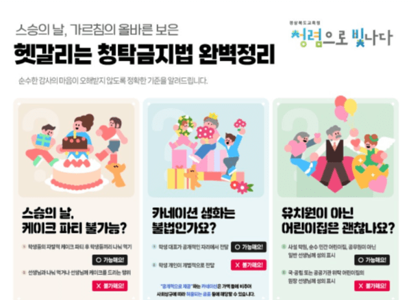경북교육청이 스승의 날을 맞아 업무 포털에 게재한 청렴 안내 배너. 하지만 교사들의 항의가 이어지자 교육처은 안내 배너를&nbsp; 포털에서 내렸다.